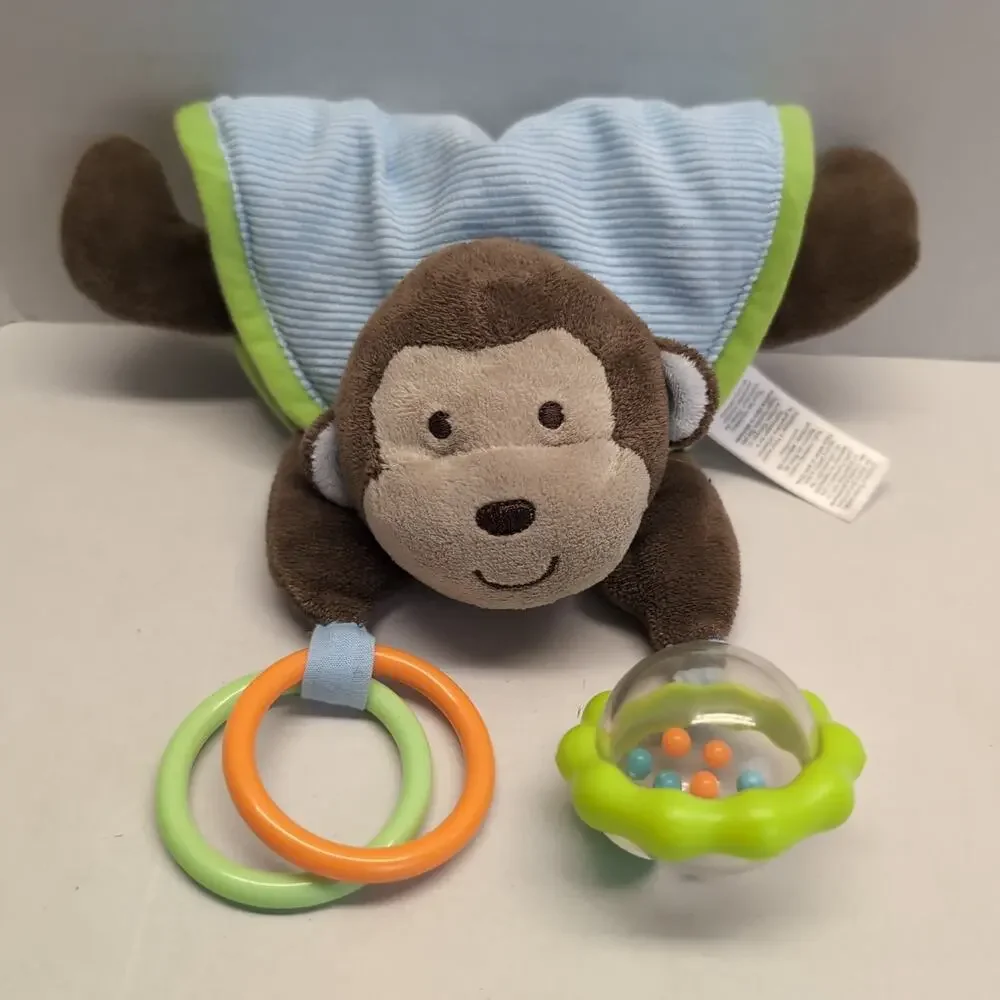 Carter's‎ Monkey Crib Toy Plush Baby Rattle Teether Hanging Blue Green Brown